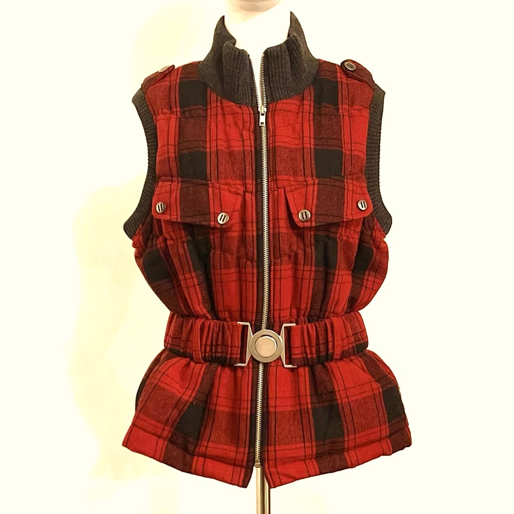 Allen B Padded Plaid Belted Lined Vest